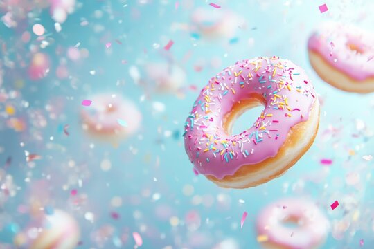 Colorful donuts floating in a festive atmosphere with pastel background and confetti