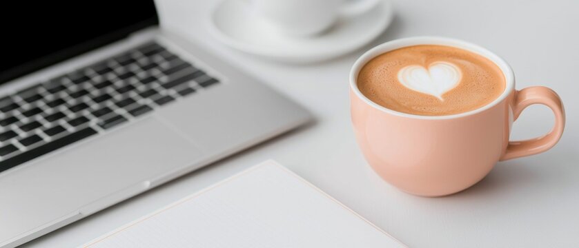 A laptop and a cup of coffee sit on a table