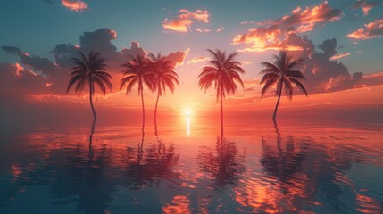 palm trees near body of water during sunset