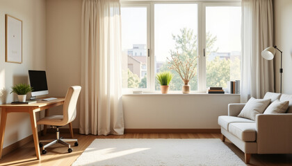 Fototapeta premium Home office sanctuary bathed in natural light, perfect for focus and creativity while working remotely in a serene environment
