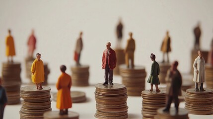 Miniature standing on a pile of coins concept of economic growth power, with white background active blur effect adds a minimalist touch