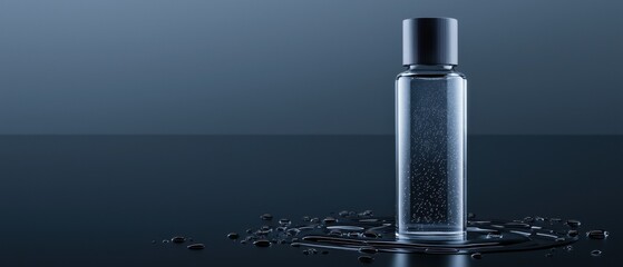 A bottle of perfume is sitting on a table with a dark background