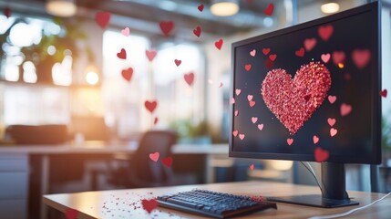 Fototapeta premium Heart particles surrounding computer monitor in bright office. The 14th of February. Happy Valentine's Day