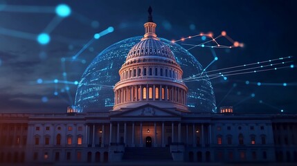 financial data, government building. The image depicts the U.S. Capitol building illuminated at night, surrounded by digital connections representing technology and innovation.