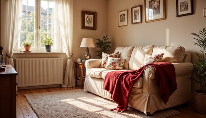 Cozy living room interior with a sofa, decorative pillows, and warm sunlight, inviting and relaxing atmosphere
