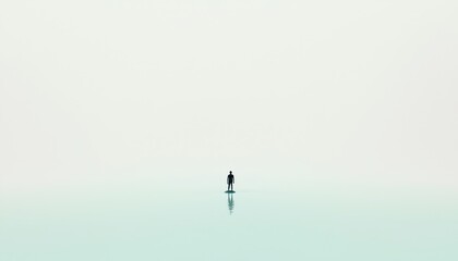 Fototapeta premium Solitary Figure Standing on Tranquil Water Surface with Minimalist Atmosphere and Dreamy Reflections