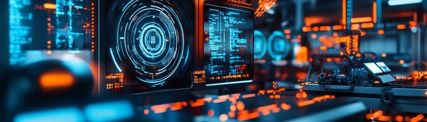 Fototapeta premium Futuristic Control Room with High-Tech Monitors and Neon Accents