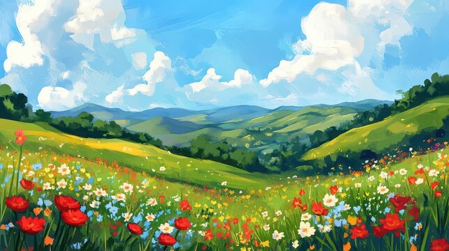 beautiful spring landscape with colorful wildflowers in a green meadow on a blue day with rolling hills and fluffy white clouds drifting across the horizon, generative ai art