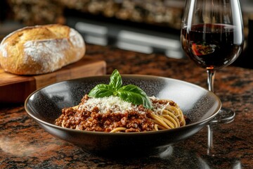 Spaghetti Bolognese with parmesan and red wine  
