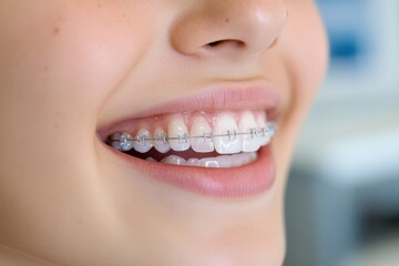 A close-up image of a smiling girl wearing clear braces, showcasing her beautiful smile and the benefits of modern orthodontic treatments promoting confidence and self-esteem.