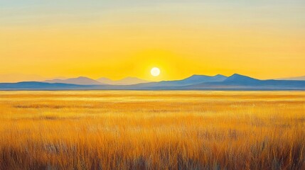 Radiant Yellow Dawn over Arid Grasslands with Distant Peaks: A Journey Through Nature's Vibrant Palette