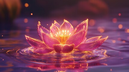 A glowing abstract lotus flower with radiant neon pink and gold petals, floating on a neon purple surface with soft light trails