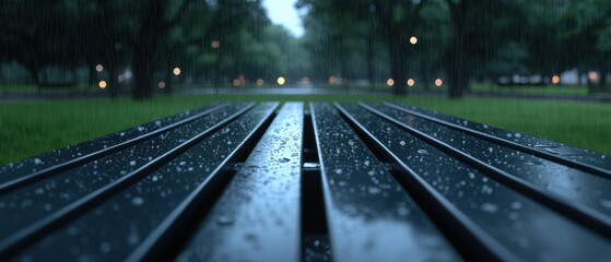 Obraz premium A bench in a park is wet from the rain