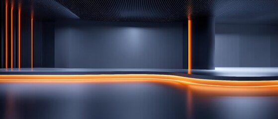 A large empty room with orange lights on the floor