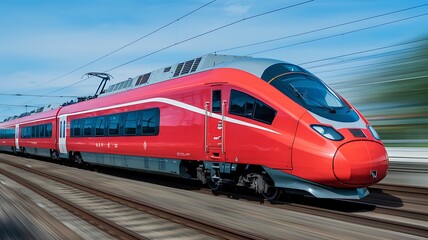 Fototapeta premium Modern High-Speed Red Train Moving on Tracks Against Blue Sky