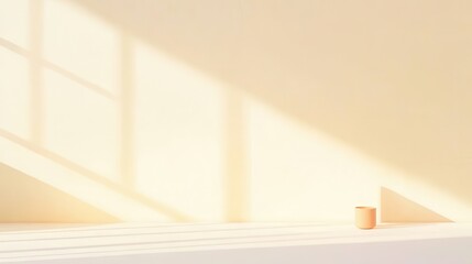 Fototapeta premium Soft Morning Light Illuminates Minimalist Interior with Gentle Shadows and a Simple Ceramic Cup on a Clean Surface