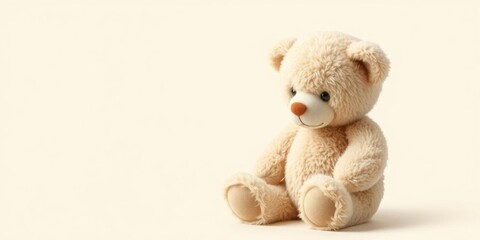 Fototapeta premium Sad teddy bear drawing on beige background, sitting, light color, beige background