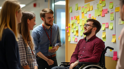 Startup business team discussing ideas in front of a whiteboard with sticky notes, including a young man in a wheelchair