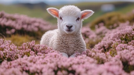 Obraz premium A cute lamb resting among blooming pink flowers in a serene landscape.