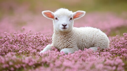 Obraz premium A cute lamb resting among vibrant pink flowers in a serene landscape.