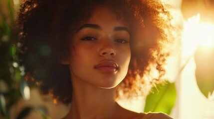 Fototapeta premium confident woman with natural curly hair getting professional styling treatment in modern beauty salon environment with warm lighting