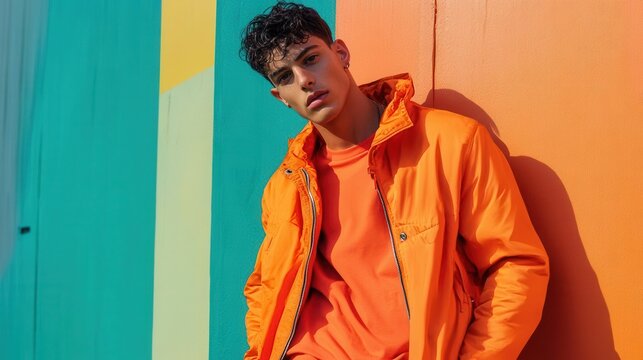 confident young man in vibrant orange streetwear against color block background for modern urban fashion editorial