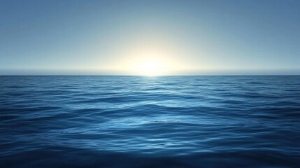 Obraz premium Calm ocean at sunset, sun reflecting on water.