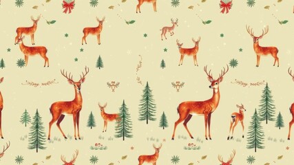 Obraz premium Seamless 1950s retro style vintage Christmas deer pattern with cute fawns and pine trees, illustration, 1950s, seamless