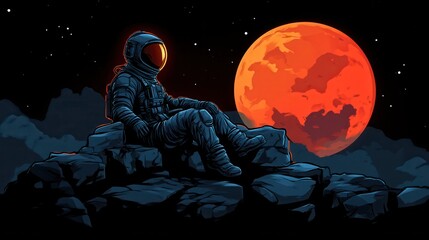 Astronaut resting on a rock formation, gazing at a large red planet in the dark space.