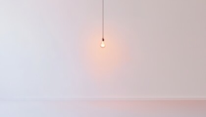 Minimalist Interior with a Single Hanging Light Bulb Illuminating Empty Room with White Walls and Floor