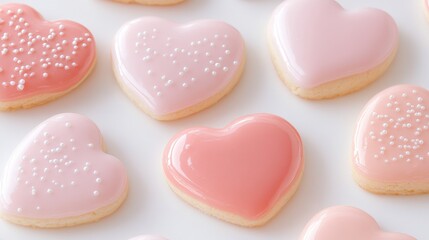 Obraz premium Heart-shaped pastel pink cookies with icing for Valentine’s Day, romantic events, and confectionery branding