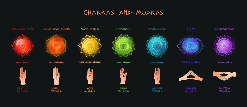 Chakras and Associated Mudras Vector Infographic