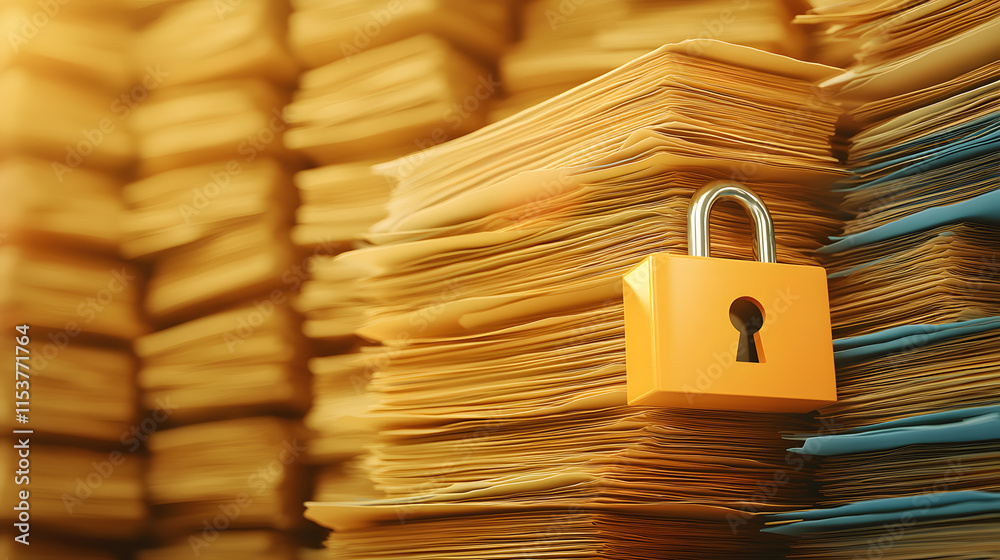 Poster stacked documents secured with a padlock, symbolizing privacy and data protection