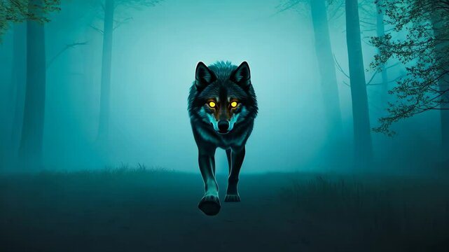 A wolf with bright glowing eyes emerges from a dense fog in a shadowy forest