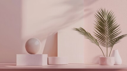 Elegant Minimalist Arrangement with Geometric Shapes and Greenery on Soft Pink Background