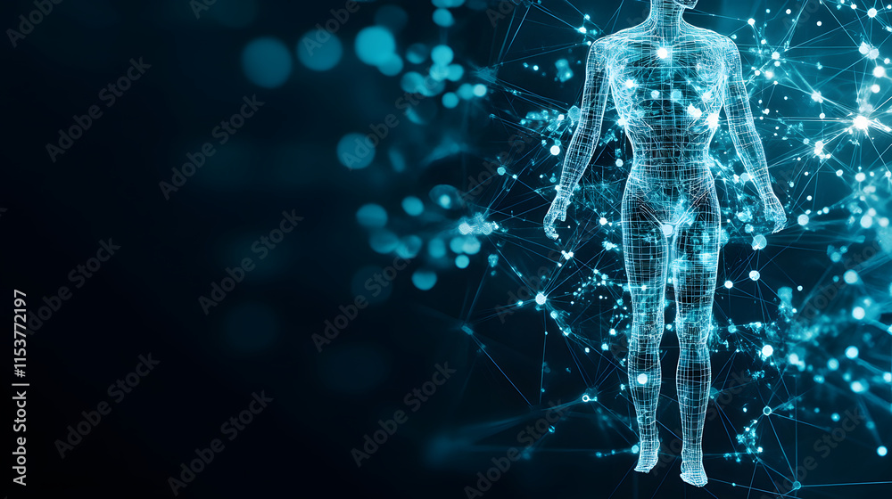 Aufkleber digital representation of a human body with glowing particles against a dark background