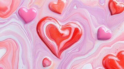 Abstract glossy heart shapes on vibrant marble background, perfect for Valentine's designs