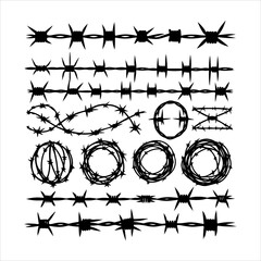Barbed wire collection silhouette vector. Barbed wire metallic border elements, barb wire set, barb wire icon. Barbed wire fence on the border silhouette illustration