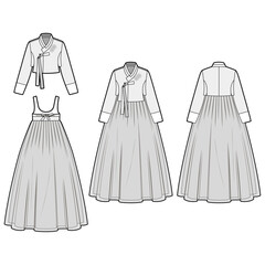 Technical flat sketch of Women's Hanbok. Traditional Korean attire. Crop jacket, skirt, volume sleeves, ribbon straps. 