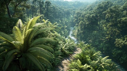 Lush tropical landscape with a winding river surrounded by dense greenery and ferns.