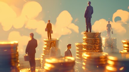 Several people stand on piles of coins, which symbolize wealth, investment and financial success. Abstract art of golden color is associated with financial success