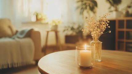 cozy scandinavian living room interior with handcrafted glass candle holder, rustic wooden furniture, and minimalist decor in soft natural light