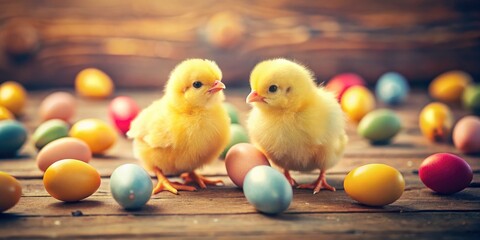 Vintage Easter: adorable chicks and eggs nestle in a playful springtime scene.