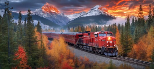 Scenic Autumn Train Journey A Red Locomotive Winds Through Majestic Snowy Mountains at Sunset