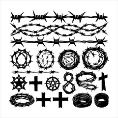Barbed wire collection silhouette vector. Barbed wire metallic border elements, barb wire set, barb wire icon. Barbed wire fence on the border silhouette illustration