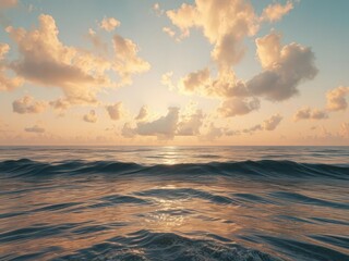 Obraz premium Golden hour sunlight paints the sky vibrant hues reflecting on calm ocean waves, element,ocean,seascape