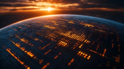 Futuristic digital planet at sunset.