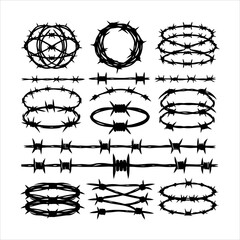 Barbed wire collection silhouette vector. Barbed wire metallic border elements, barb wire set, barb wire icon. Barbed wire fence on the border silhouette illustration