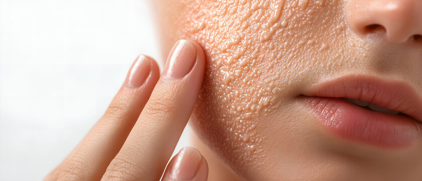 close-up of figers touching gently young caucasian woman unhealthy cheek skin; head isolated over white  background