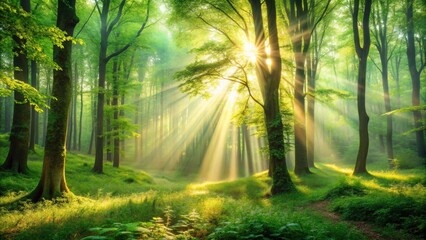 Obraz premium Surreal sunrise paints a spring forest with magical light, lush leaves shimmering, a dreamlike scene.